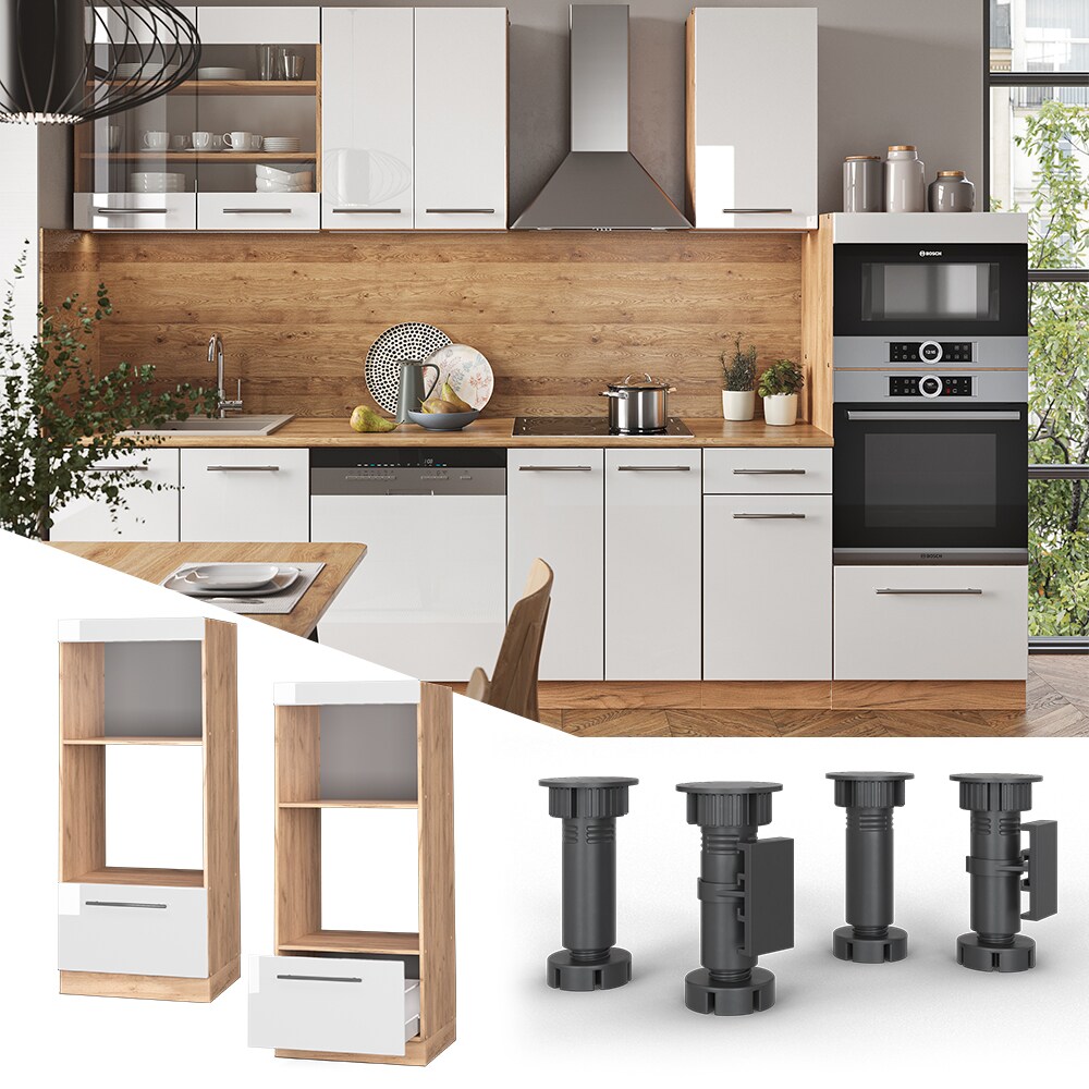 Vicco Mikrowellenumbauschrank Küchenschrank Küchenmöbel Fame-Line Eiche Weiß modern 60 cm Küche Einbauküche Blende Schublade Mikrowelle Backofen Küchenzeile Hochglanz
