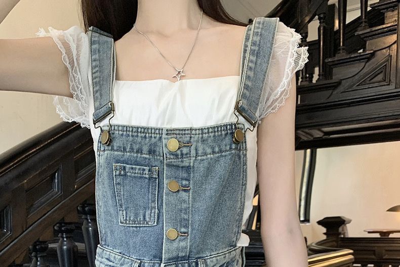 Kloitrinm - Gewassen denim korte broek met wijde pijpen en halve knopen