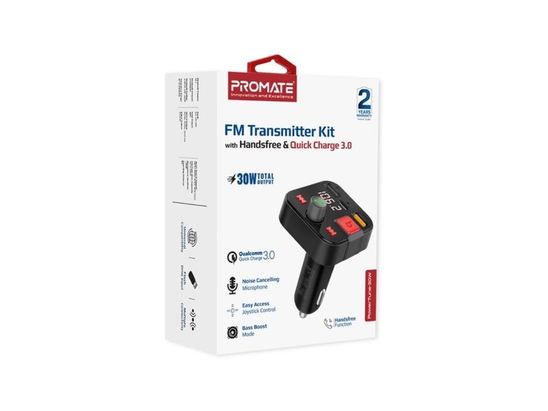 Promate ProMate PowerTune-30W FM-Transmitter Bluetooth FM-Transmitter mit Freisprecheinrichtung und Quick Charge 3.0