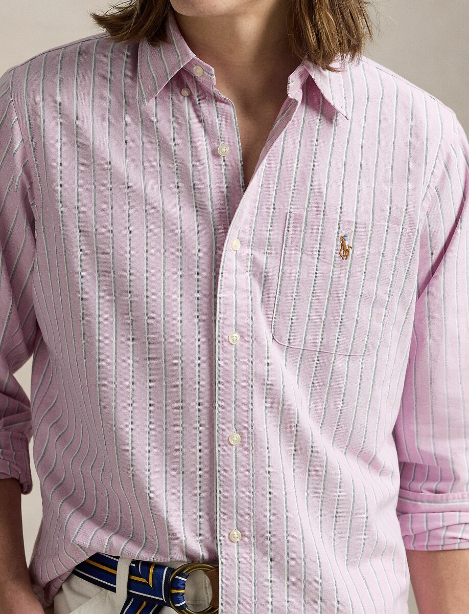 POLO RALPH LAUREN<br>Camisa reta listrada, Oxford, logotipo bordado