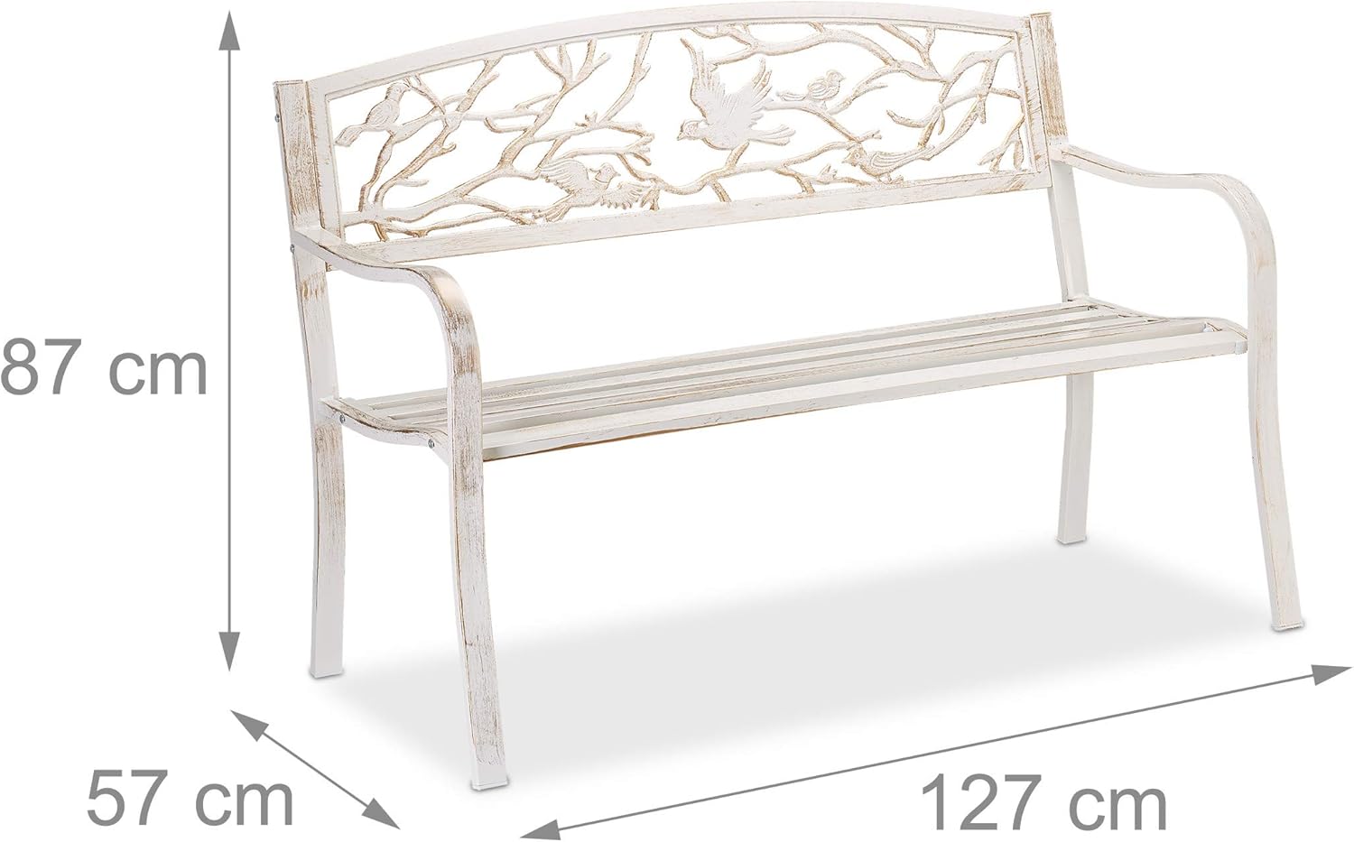 Relaxdays Gartenbank, Vögel Muster, 2-Sitzer, Vintage, Garten & Balkon, Stahl, Sitzbank, HBT: 87x127x57 cm, weiß/bronze