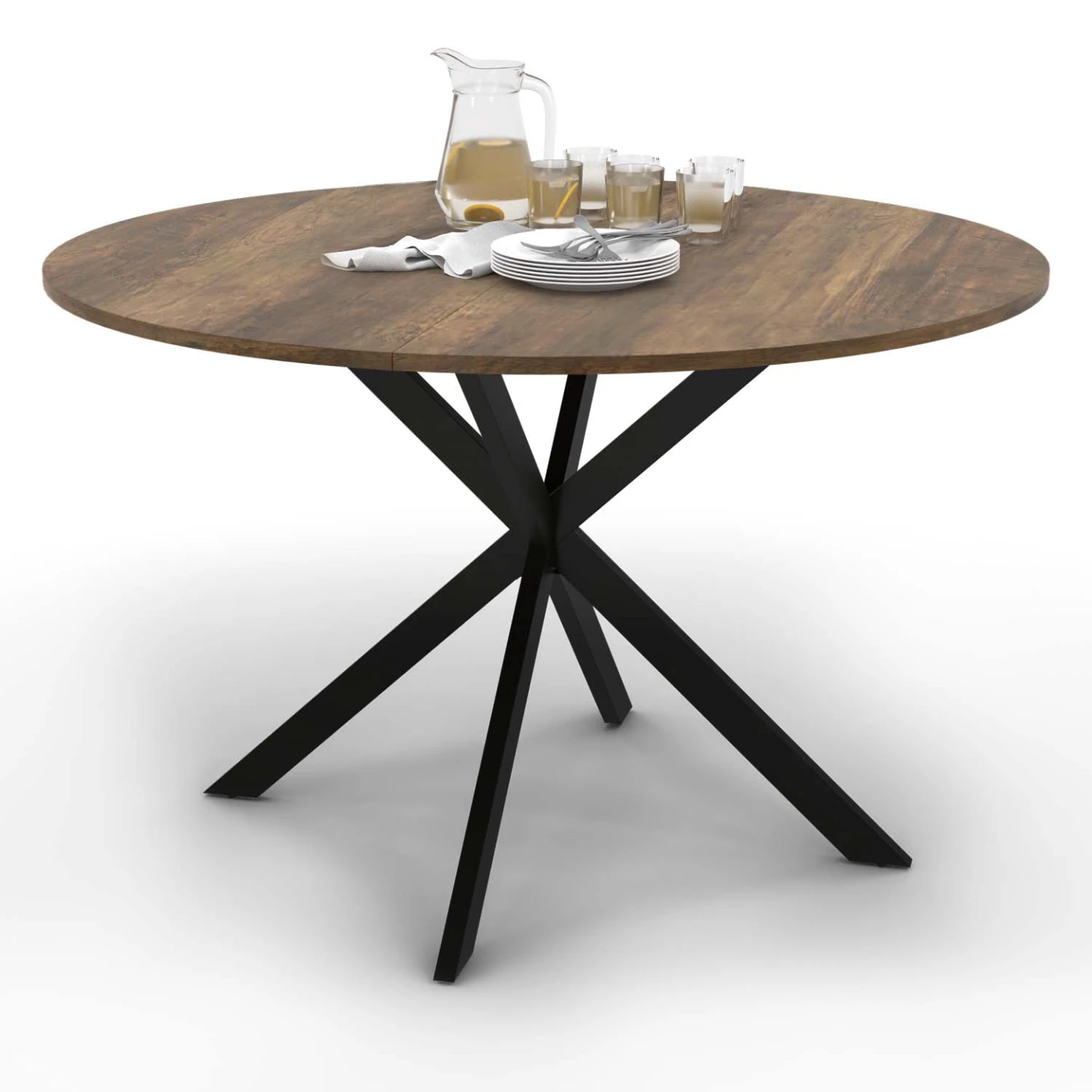 Table à manger ronde ALIX plateau HAWKINS 6 personnes pied araignée bois foncé et noir 110 cm