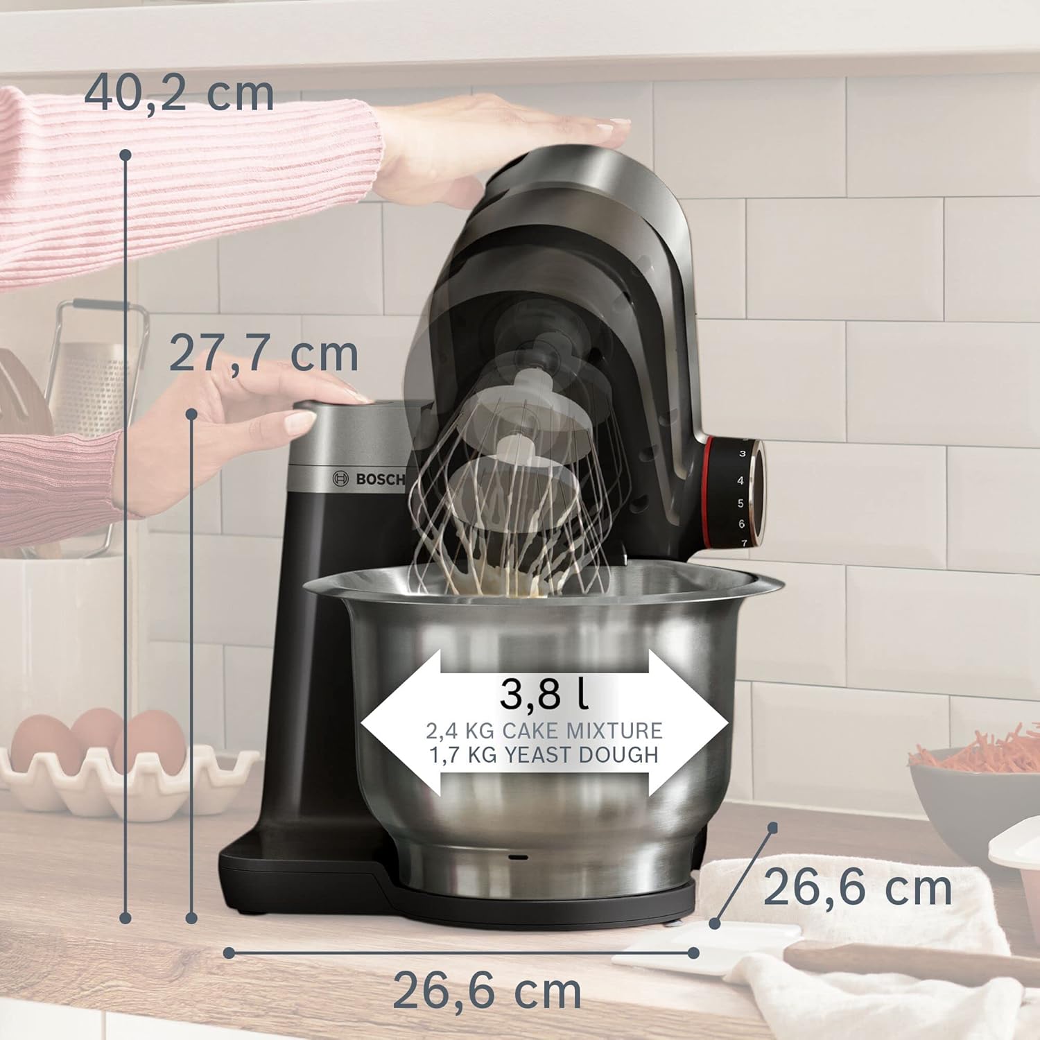 Bosch Küchenmaschine 7 in 1 MUMS2VM40G 7 Geschwindigkeiten, Knethaken, Schneebesen, Handrührer, Mixer, Zitruspresse, Zerkleinerer, 900 W, Schwarz