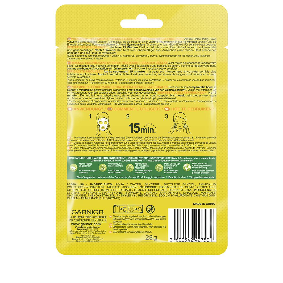 GARNIER Glow Tuchmaske Vitamin C intensiv feuchtigkeitsspendende Btl 28 g