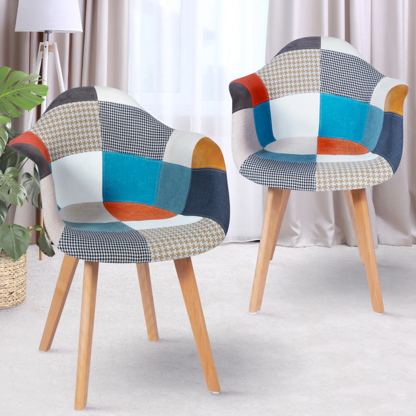 Lot de 2 chaises de salle à manger scandinaves, fauteuils de table SARA motifs patchworks multi-couleurs
