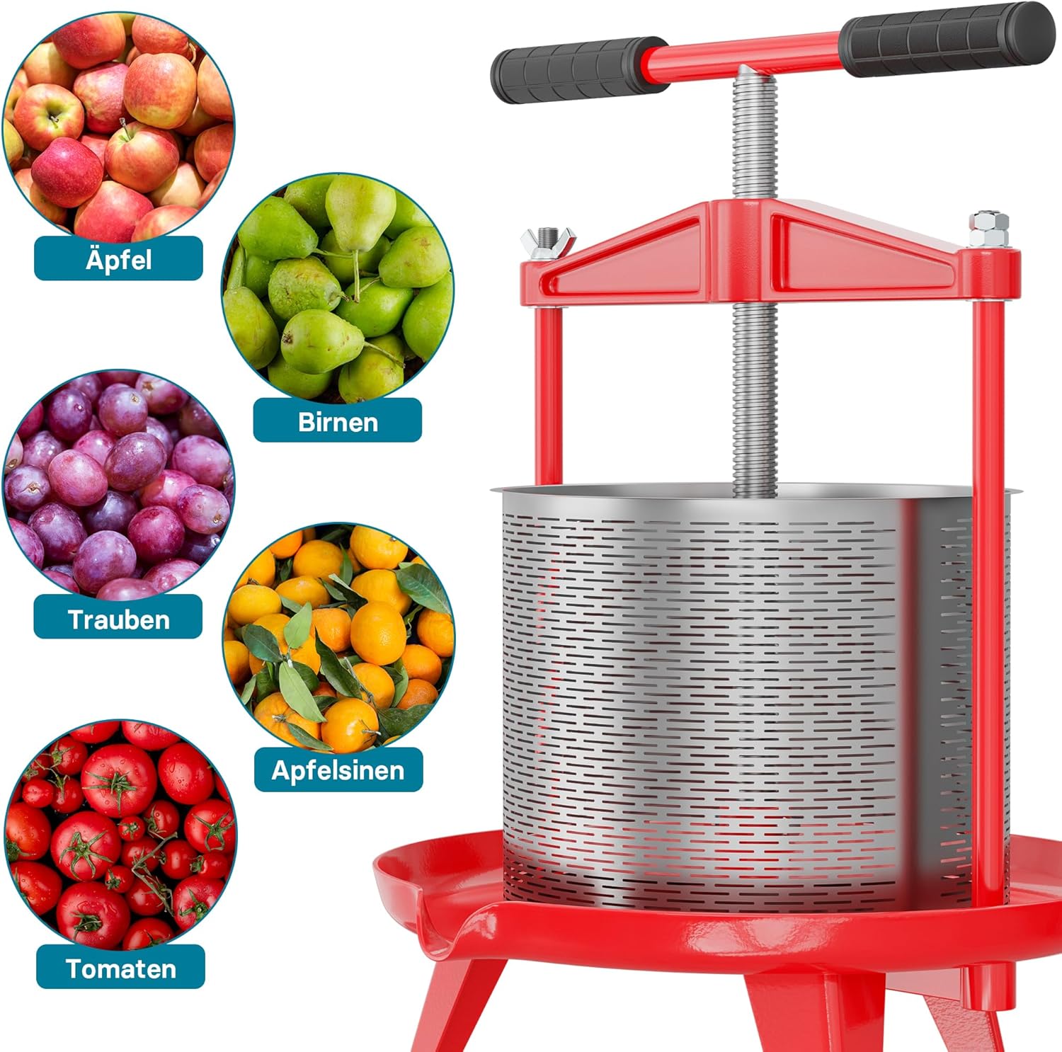 Wiltec Spindelpresse 14 L Obstpresse aus Edelstahl 66x58x47cm, einfach zu reinigen zum Herstellen von Apfelsaft Obstsaft Beerenpresse Weinpresse