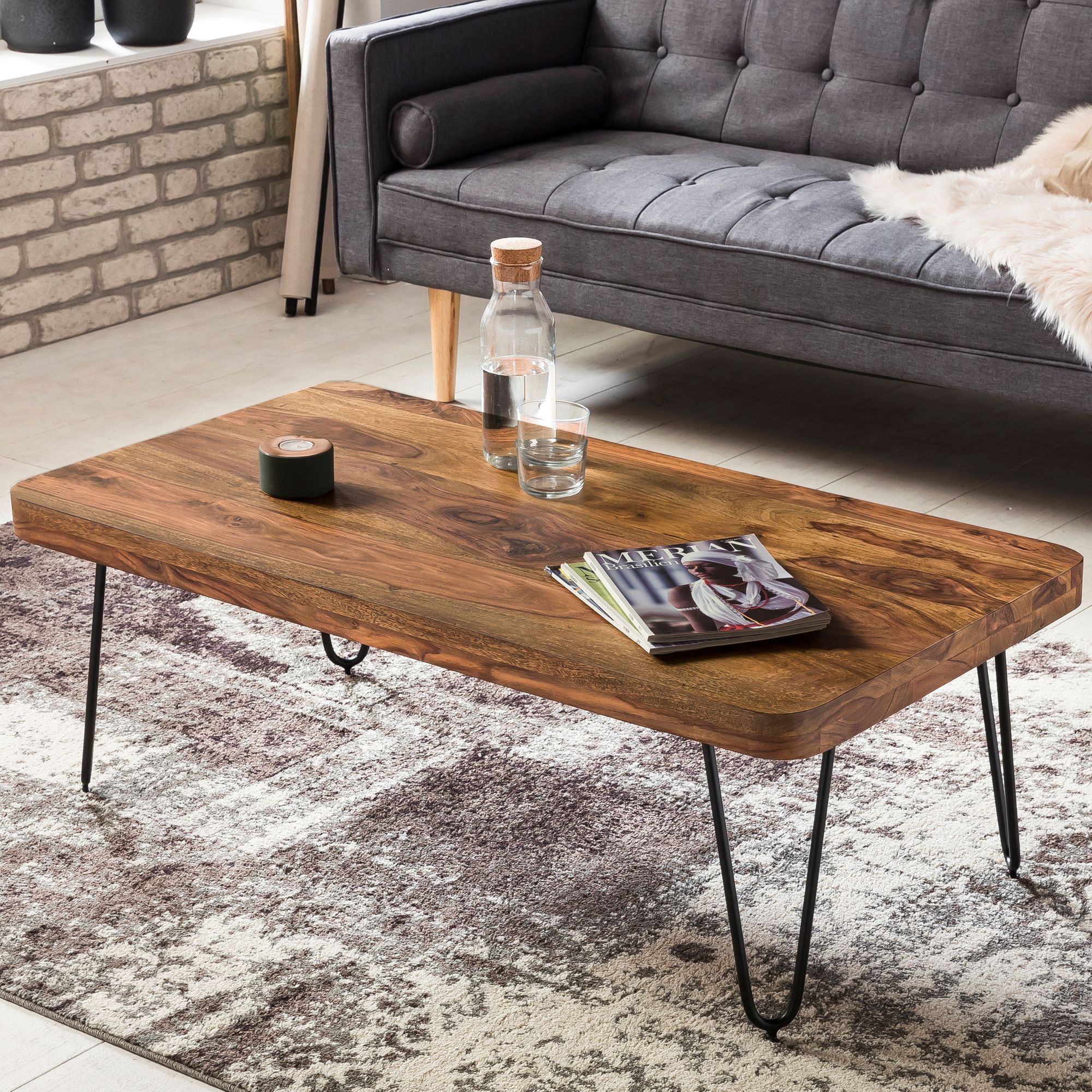 KADIMA DESIGN Couchtisch BALU Massivholz: Rechteckig, Metallbeine, handgefertigt, einzigartige Maserung