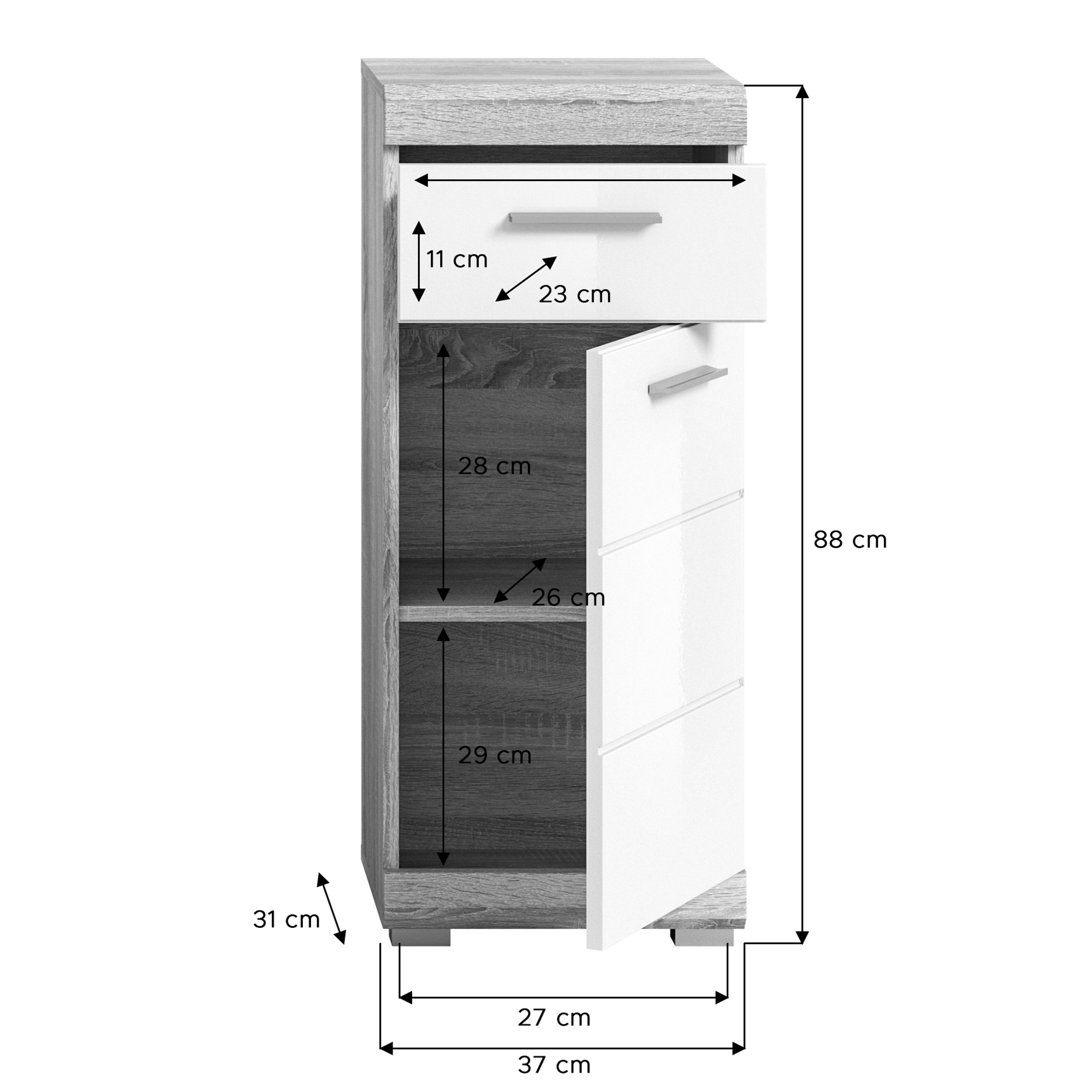 Standschrank LAMBADA - Sonoma Eiche-weiß Hochglanz - 37 cm