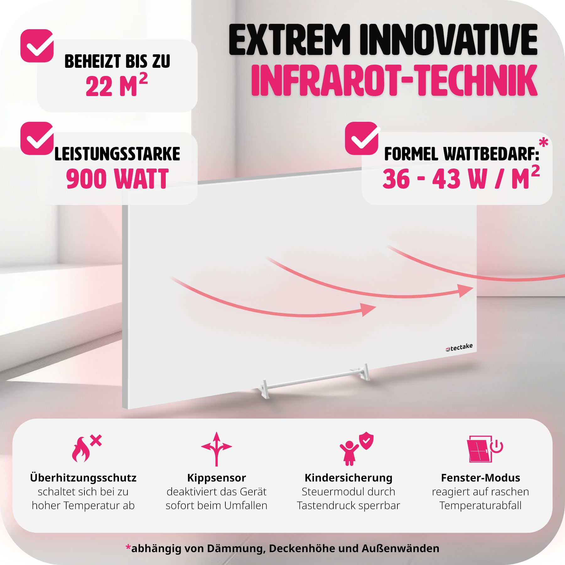 tectake® Infrarotheizung, rahmenlos mit Thermostat, Überhitzungsschutz, einfache Wand- oder Deckenmontage, inklusive Ständer