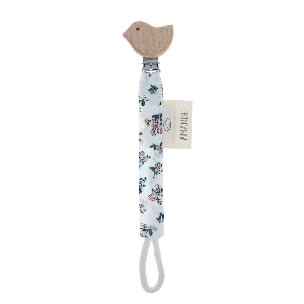 Attache tétine oiseau fleurs Amande