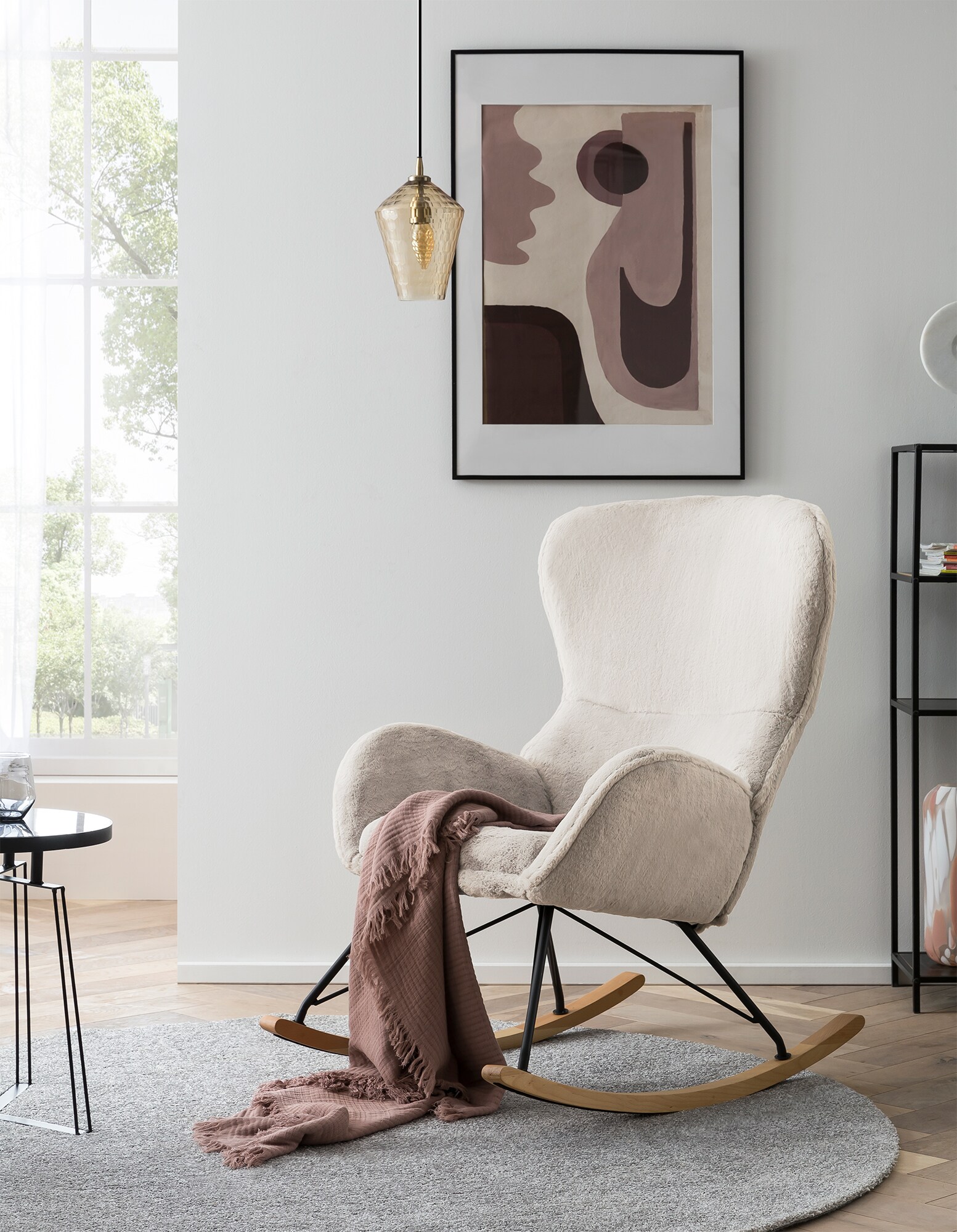 Schaukelstuhl Lammfelloptik beige Schwingstuhl Schwingsessel Schaukelsessel
