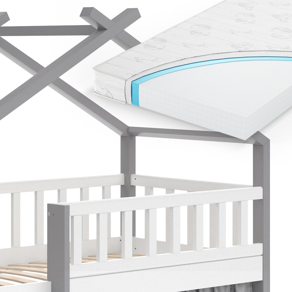 VitaliSpa Kinderbett Bettenhaus Einzelbett Adis Weiß Grau modern 168x158 cm Kinderzimmer Rausfallschutz Massivholz Lattenrost Bettleiter Hausbett Hochbett Matratze