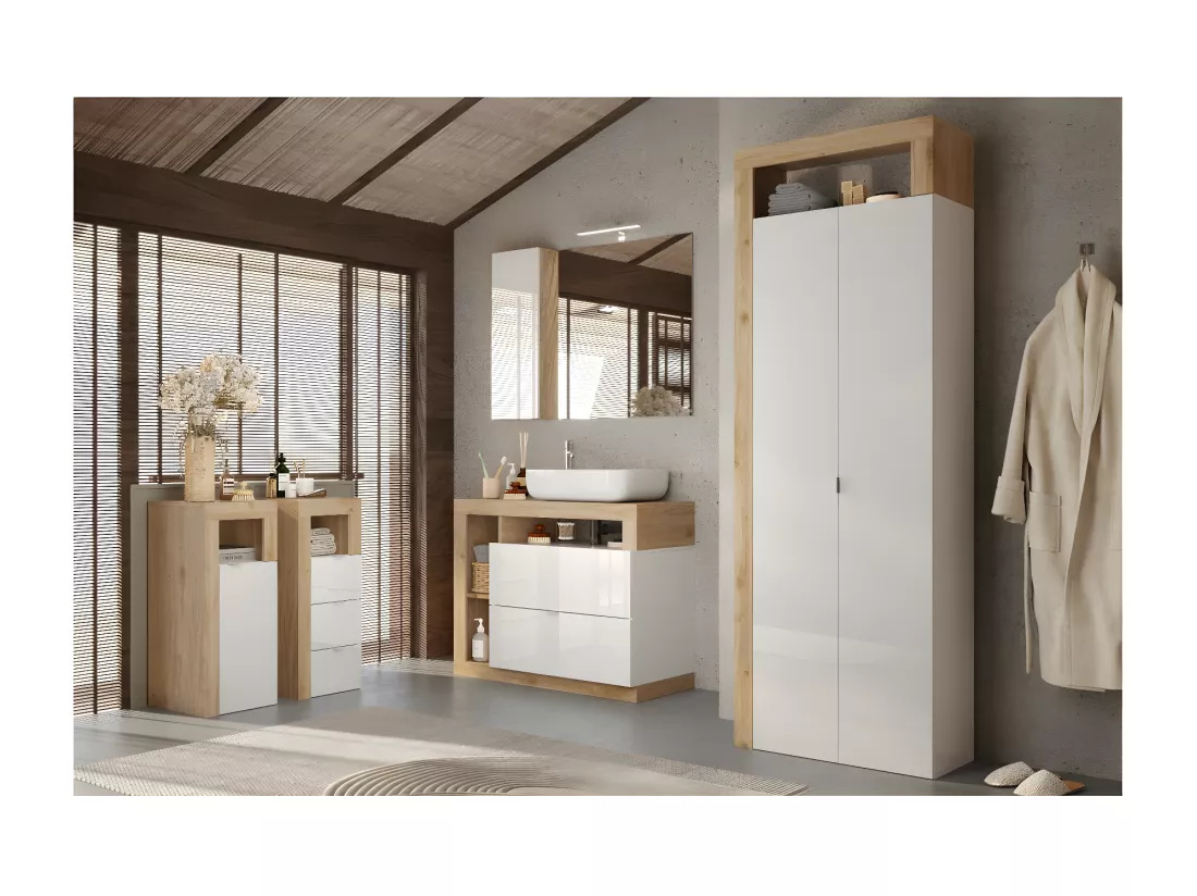 Armoire de salle de bains, 2 portes, collection BURA. Coloris blanc brillant laqué et chêne clair