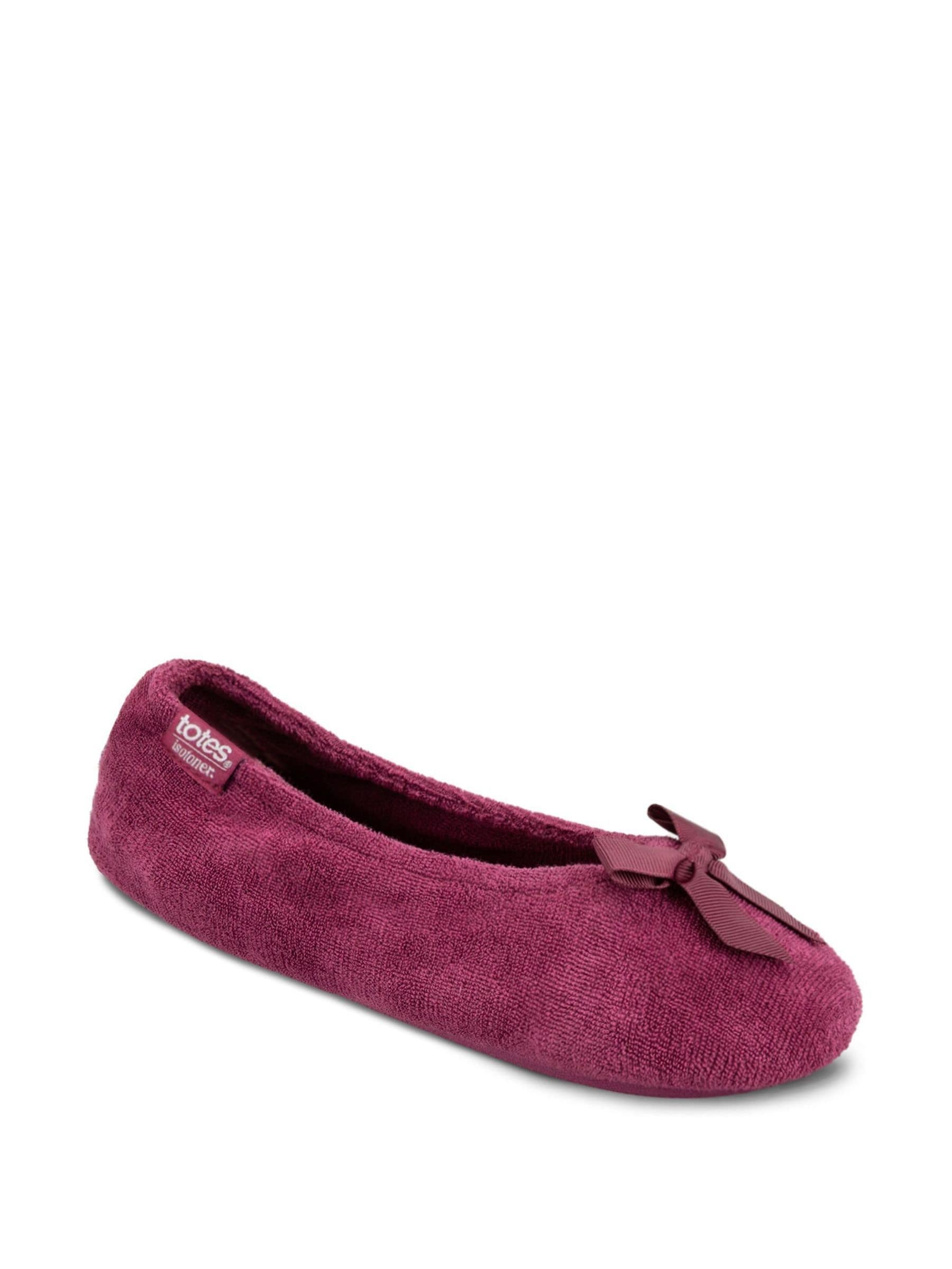 Rood - Totes Isotoner pantoffelballerina's van fijne badstof met strik