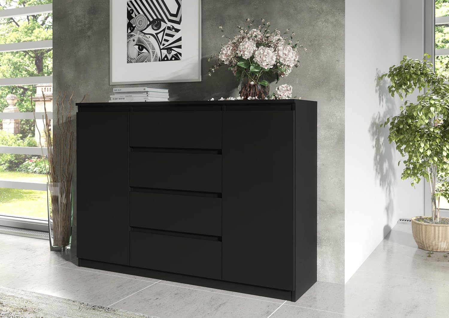 meble masztalerz Kommode Matt mit 4 Schubladen und 2 Türen 140 cm, Sideboard Wohnzimmer, Schlafzimmer H: 101,5 cm, B: 138,6 cm, T: 39 cm Kommode mit Schubladen, Schubladenschrank (Schwarz)