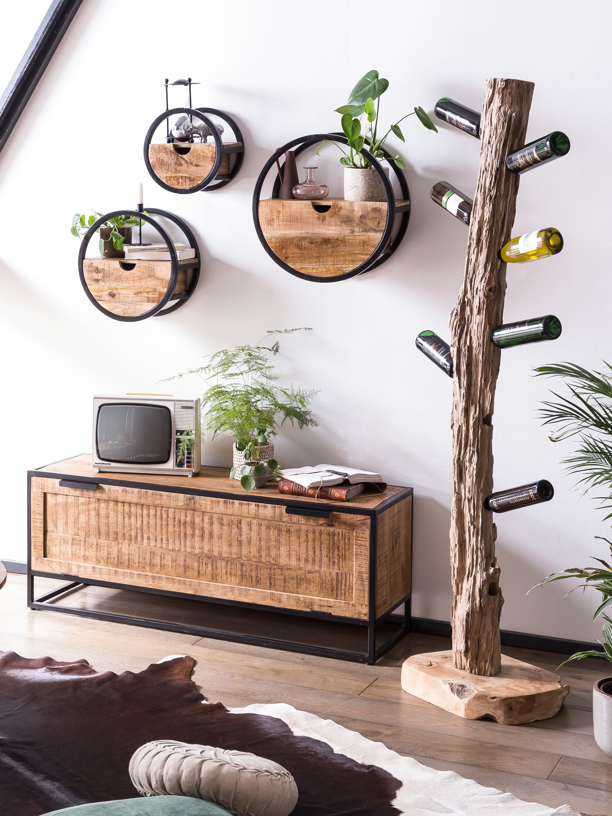 Wandregal Sidney Mangoholz Metall Wandboard Ablage Regal Hängeregal Bücherregal