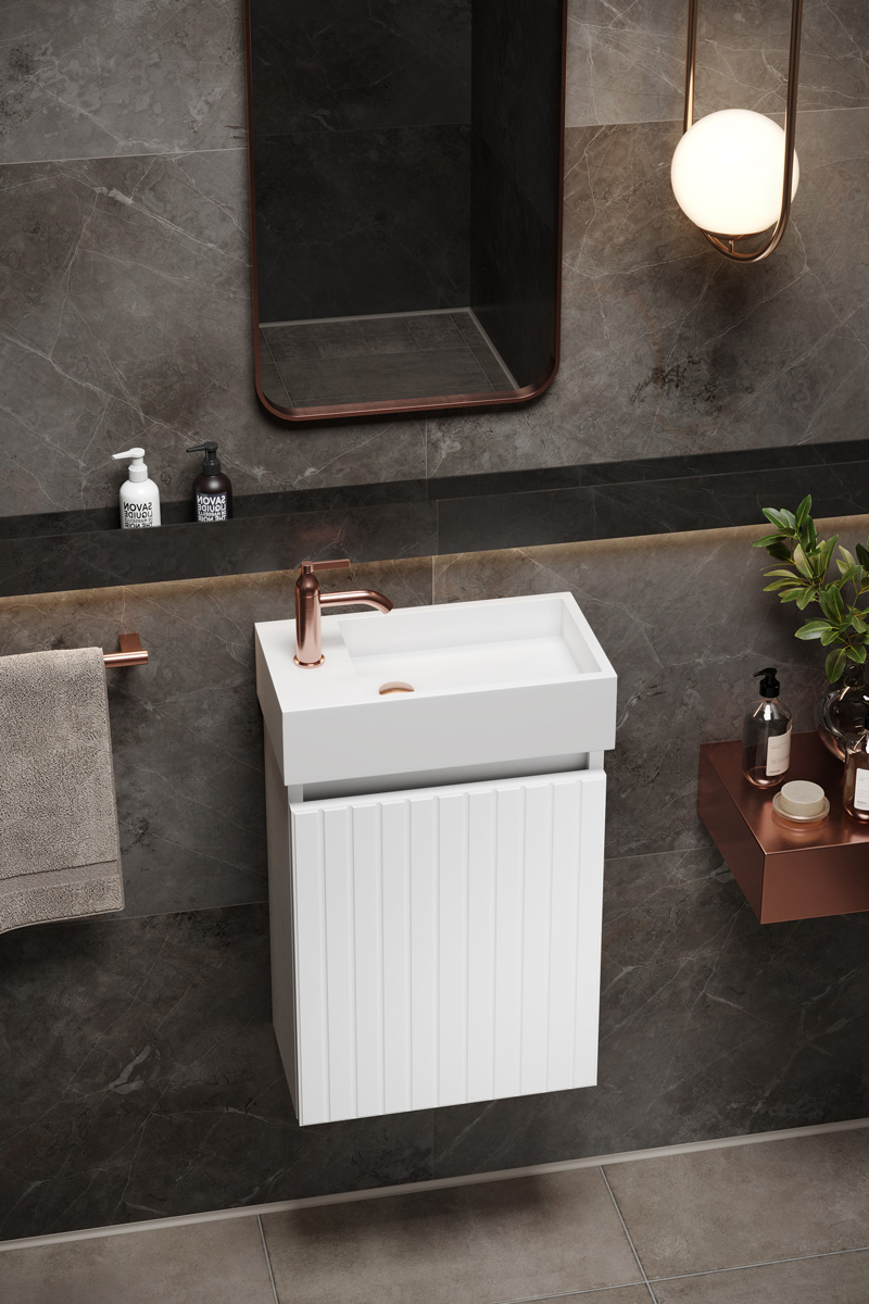 Fontana Alaska toiletmeubel ribbelfront mat wit 40x22cm met solid surface fontein links
