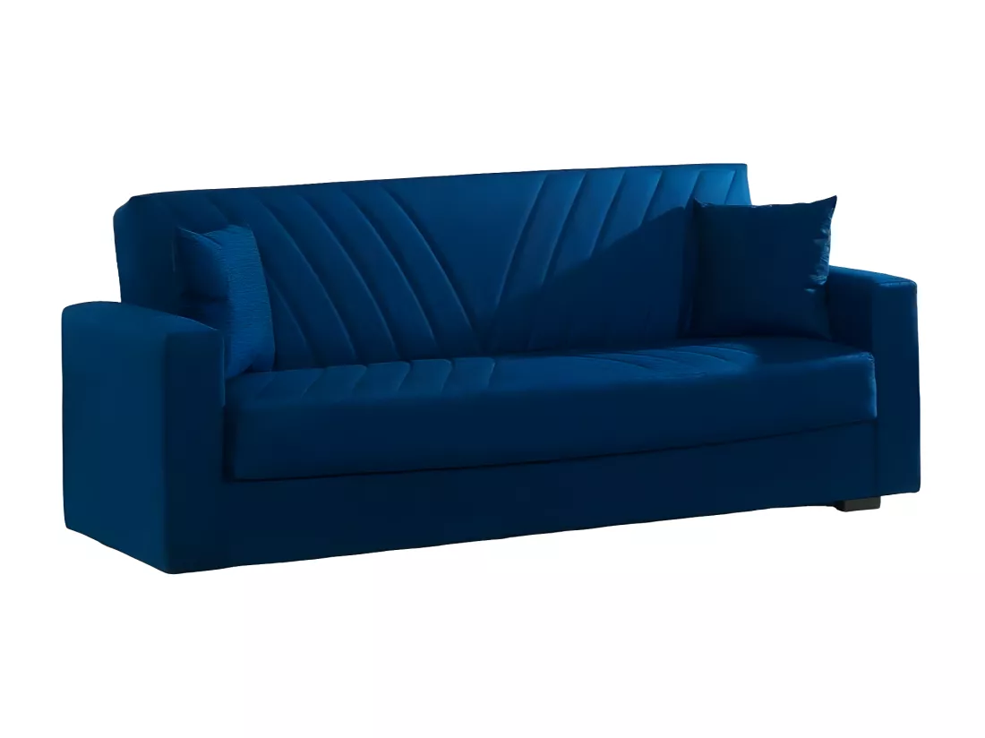 Canapé Jorge, Canapé conteneur linéaire 3 places avec 2 coussins inclus, Canapé de salon en tissu rembourré avec ouverture clic-clac, 214x81h89 cm, Bleu