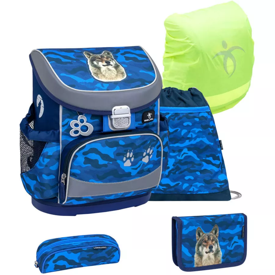 Belmil Schulranzen Mini Fit Schulranzen Set 5-teilig mit Brustgurt Alpha Wolf
