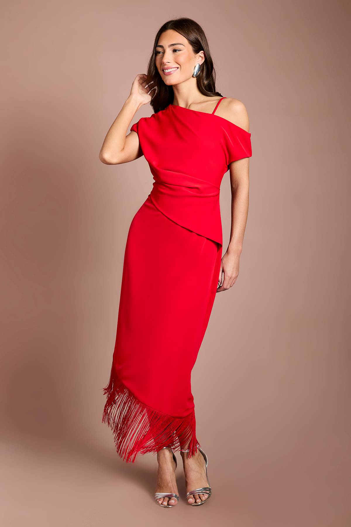 Coast Robe Midi À Manches Drapées Avec Ourlet Asymétrique À Franges