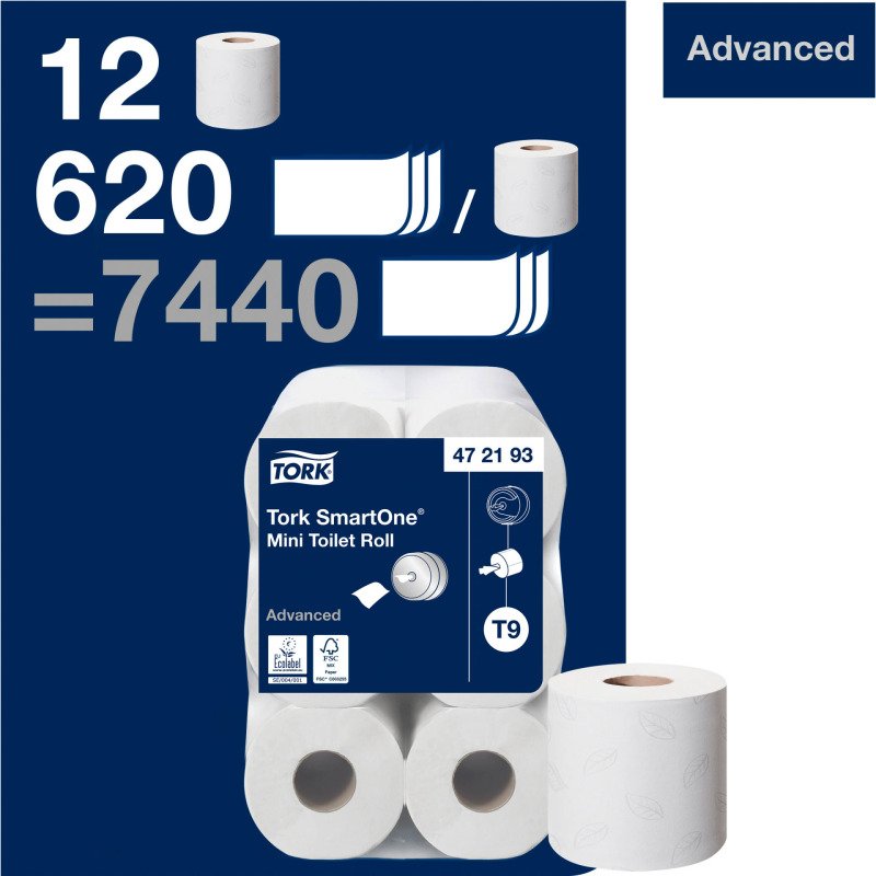 Tork SmartOne® Mini papier toilette rouleau blanc T9, Advanced, 2 plis, 12 x 620 feuilles