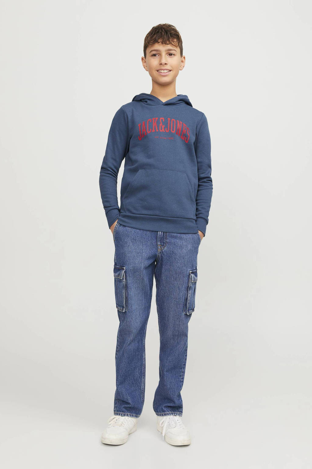 JACK & JONES hoodie JJEJOSH SWEAT HOOD SN JNR met tekst blauw/rood