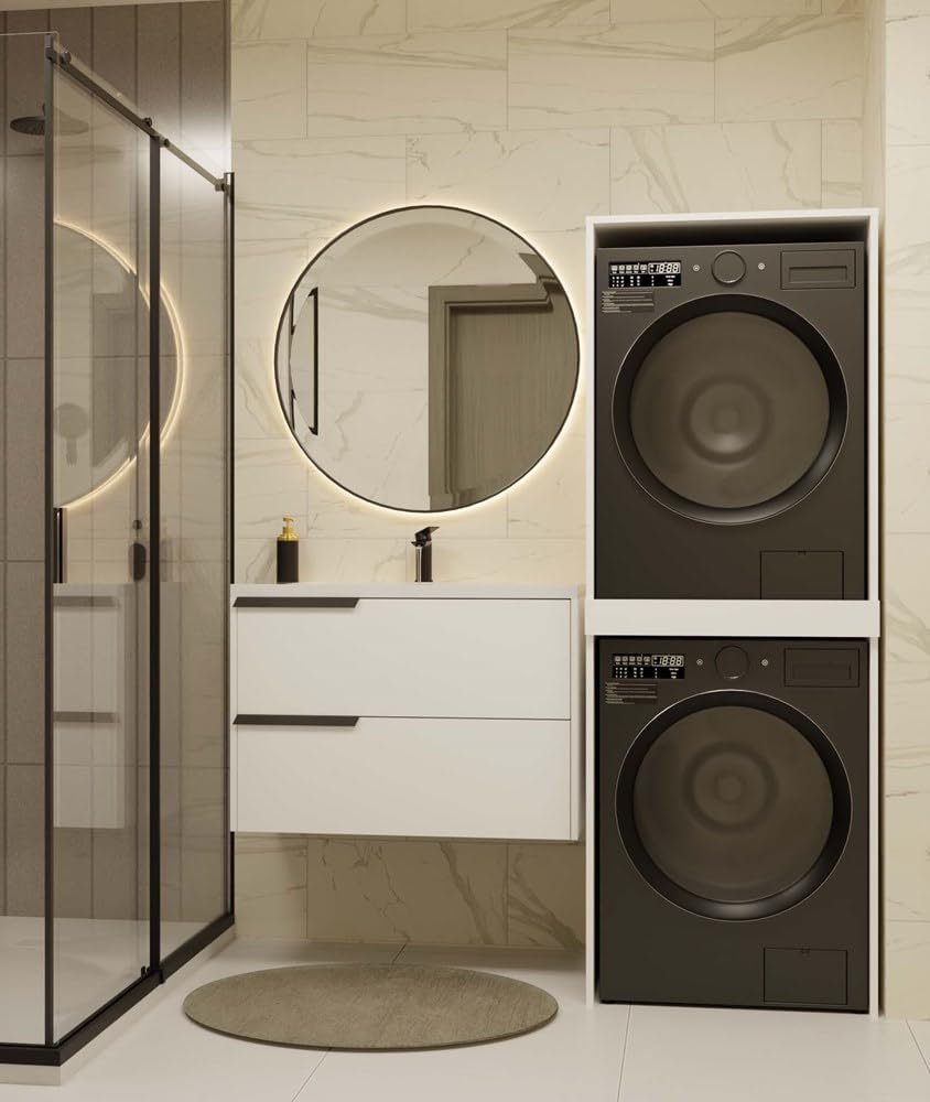 CDF Badezimmerschrank Hochschrank für Waschmaschine und Trockner – Regal für Bad oder Waschküche – Funktionales Aufbewahrungsmöbel – Platzsparend mit verstärktem Einlegeboden – Pola Weiß