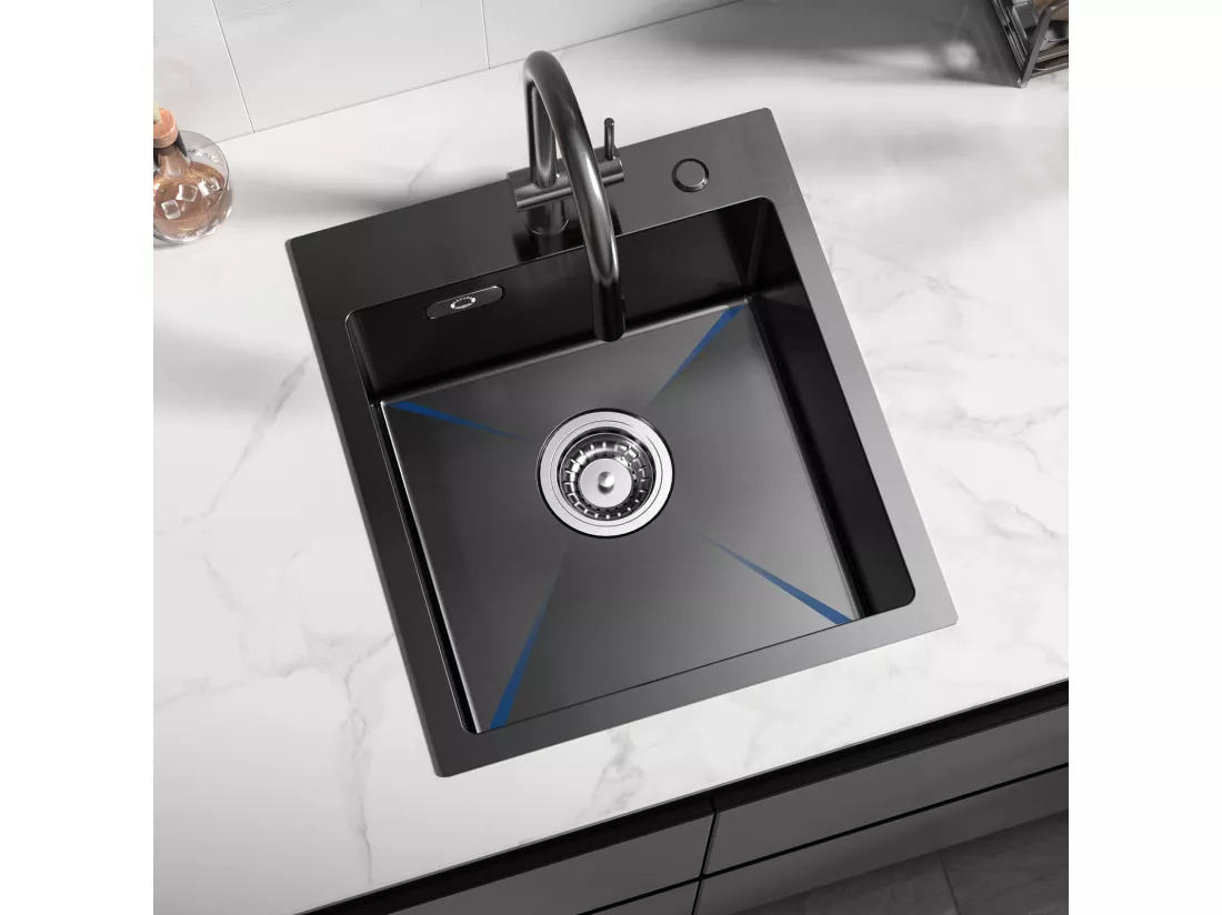 Cecipa max Evier 1 Bac Noir 40*45*19CM - Évier Inox 1 Cuve + Robinet Cuisine Brossé avec Douchette Mitigeur Douchette d'évier Extractible à 2 Jets