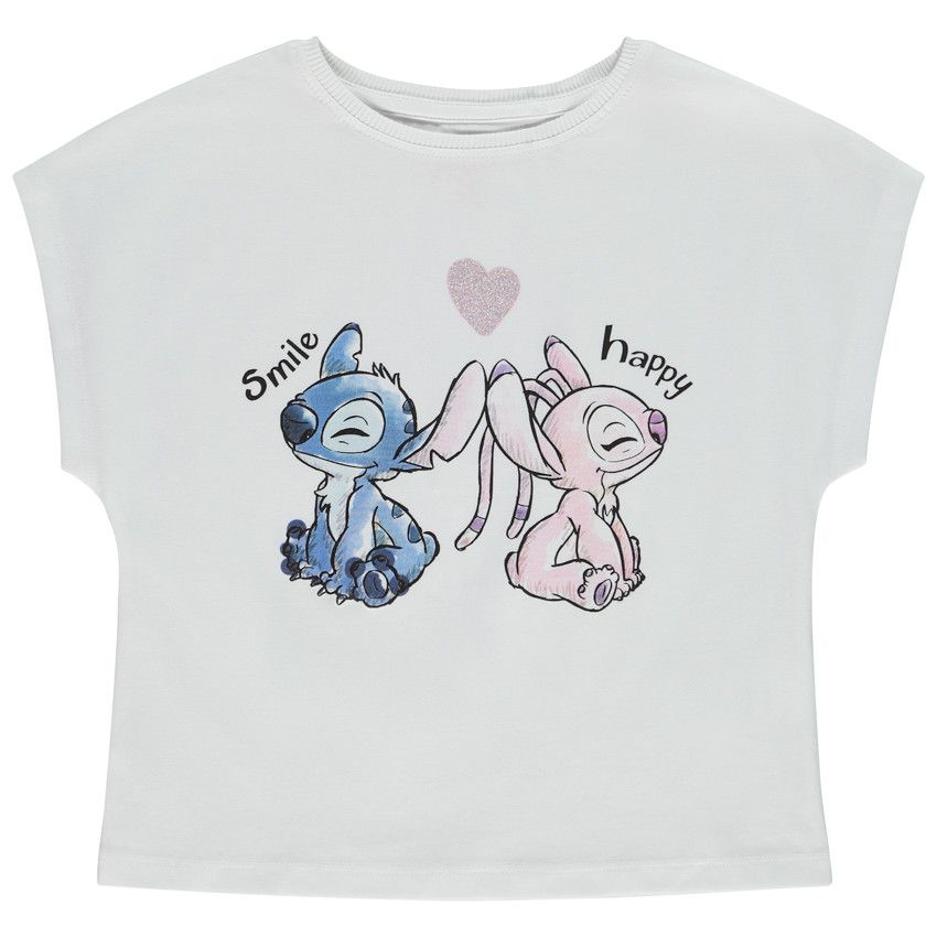 T-shirt manches courtes print Stitch & Angel Disney pour fille - Blanc