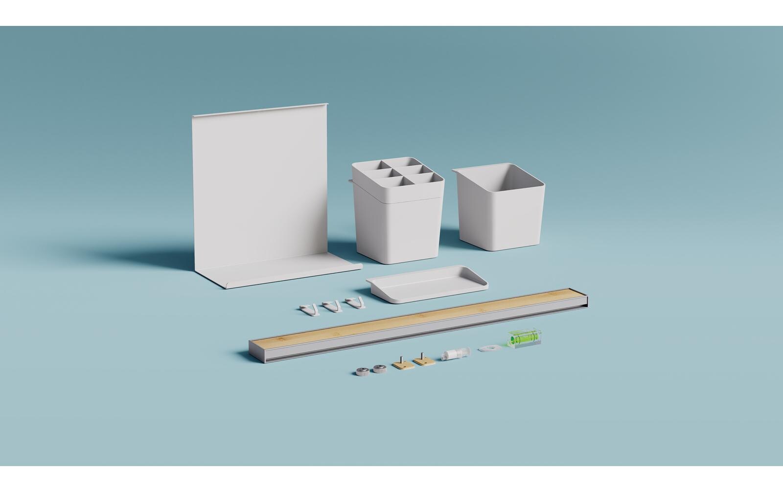 Kombi Set M Bambus/Weiss<br>Selbstklebende Leiste mit Topf, Ablagen, Utensilienbox und Haken
