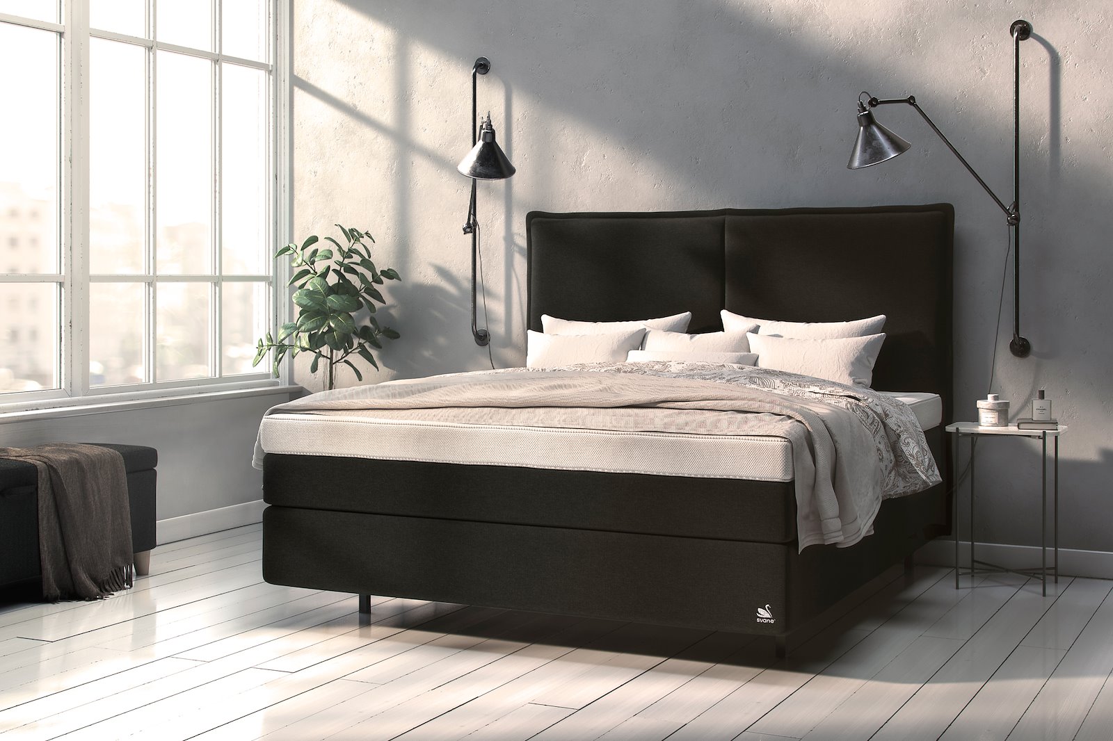 Celia Plus kontinentalseng 180x200 cm Tekstil Moment Midnight, Heaven Duo overmadrass og Floating ben, gavl selges separate