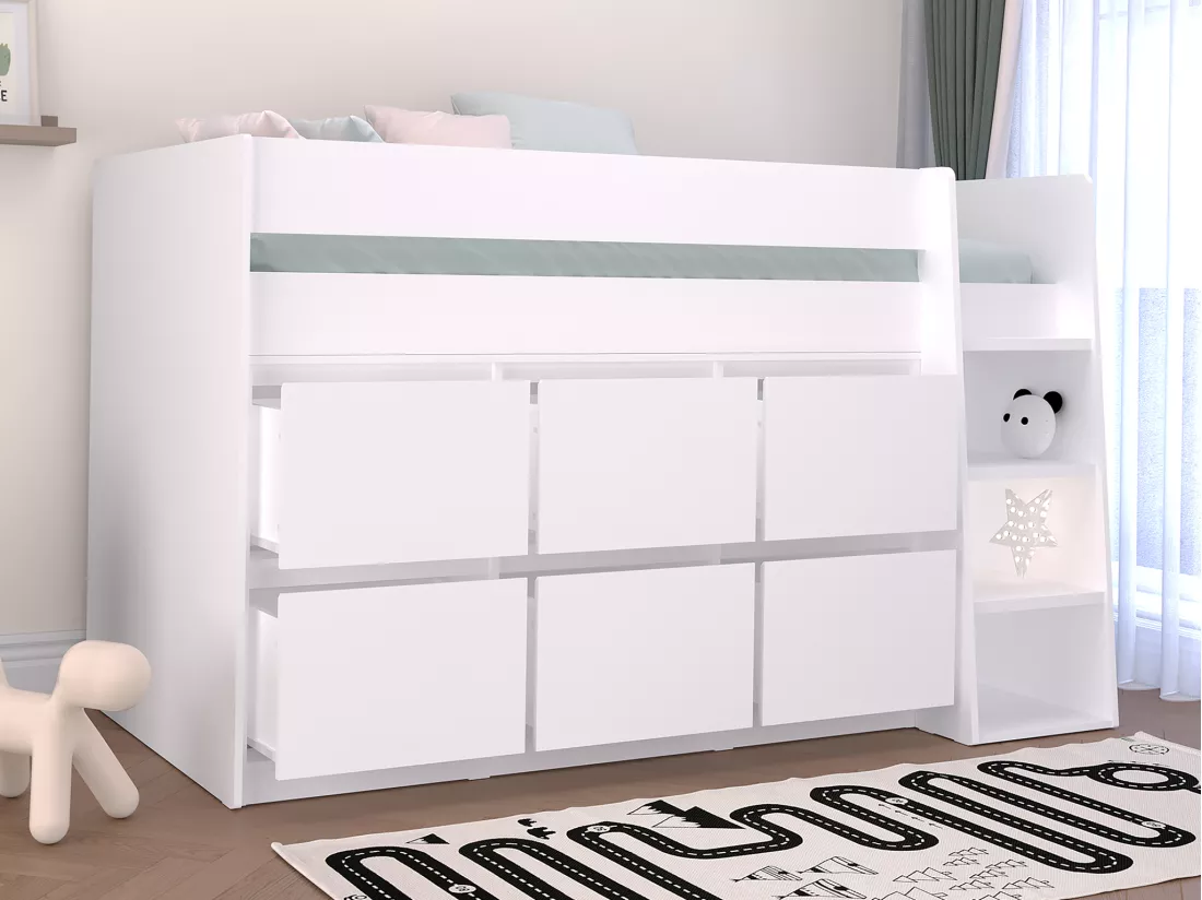 Lit mi-hauteur 90 x 190 cm avec 6 tiroirs - Blanc - CAMALETI