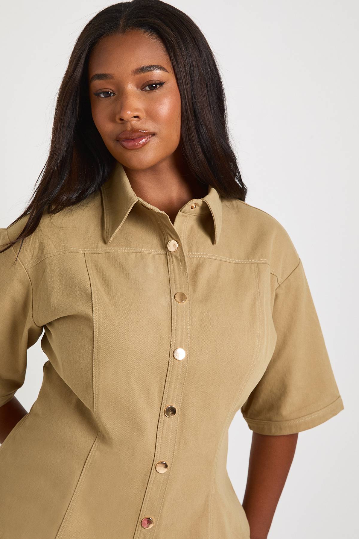 boohoo Chemise Grande Taille Sergé Doré Taille Cintrée