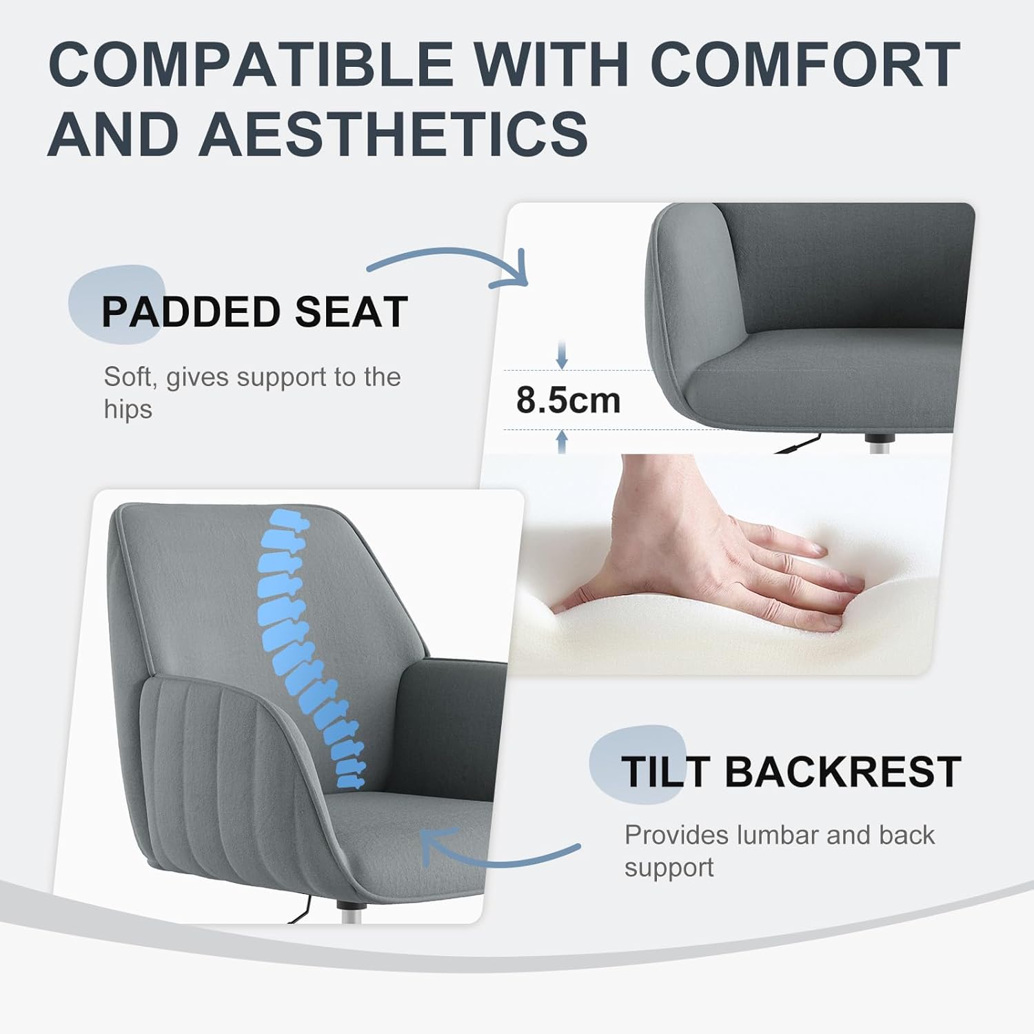 Schreibtischstuhl Bürostuhl Homeoffice bis 136kg Drehstuhl Samt Schminkstuhl mit Armlehnen Rollen Ergonomisch Bequem Frauen Mädchen Vanity Chair Höhenverstellbar Schlafzimmer Heimbüro Grau LB3869987