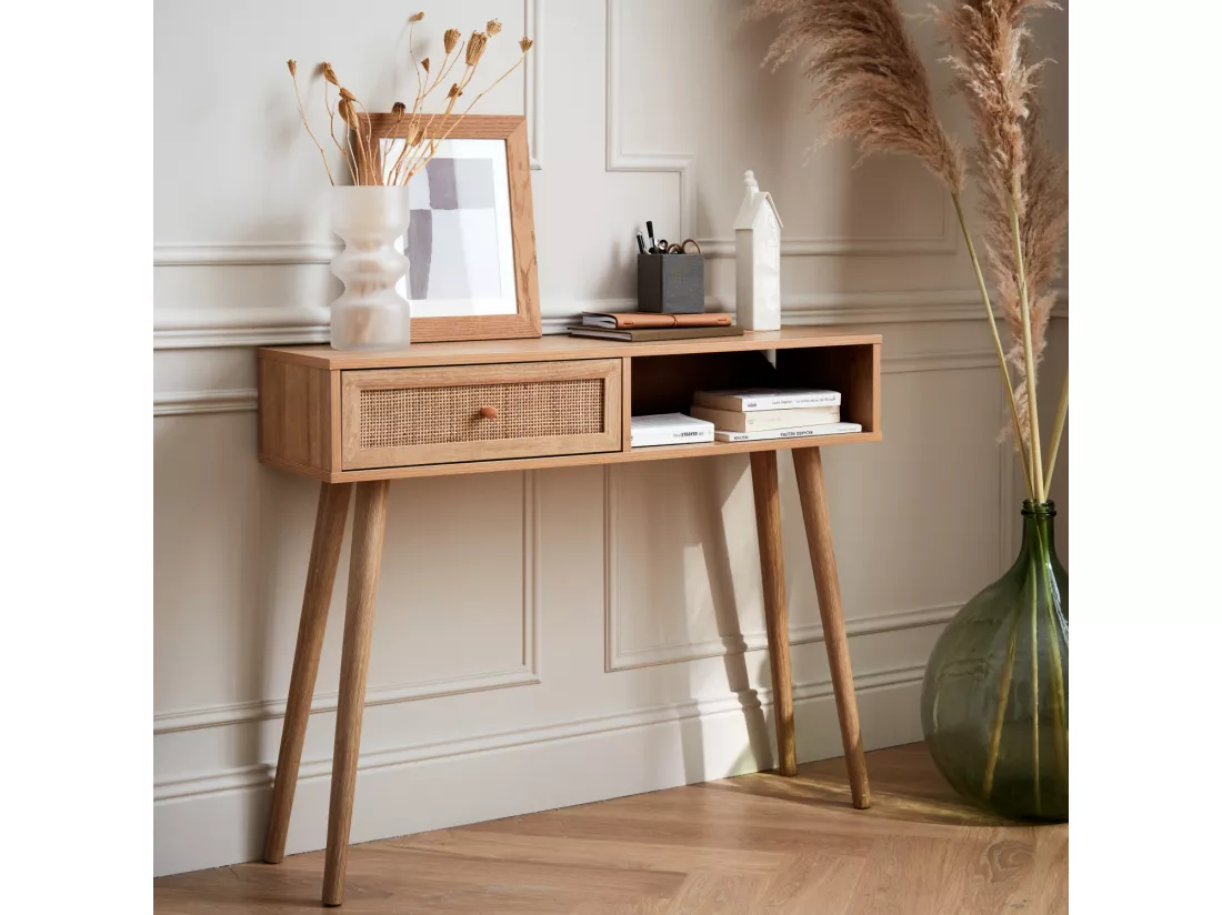 Console en cannage 100x29x81cm - Bohème - Naturel. 1 tiroir.1 espace de rangement. pieds scandinaves décor bois. 1 poignée