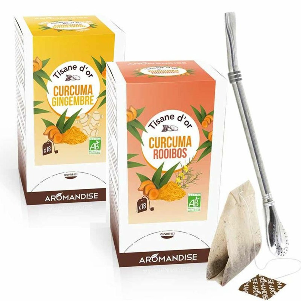 2 tisanes d'or bio curcuma, gingembre et rooibos 40 sachets + paille inox avec filtre