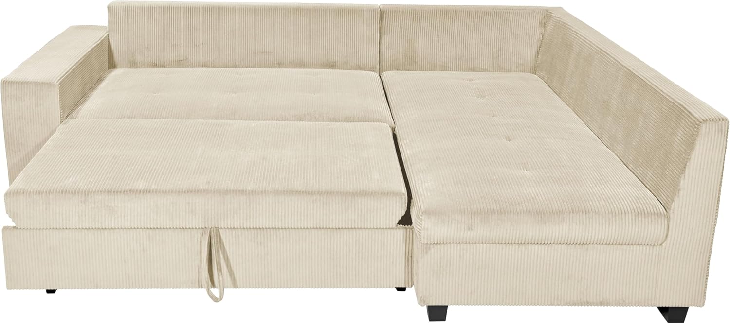 Ecksofa L-Form aus Cordstoff mit Schlaffunktion, beige (Cream) – Liegefläche 147 × 207 cm, Breite 243 cm, Sitzhöhe 45 cm, Modell MIRA