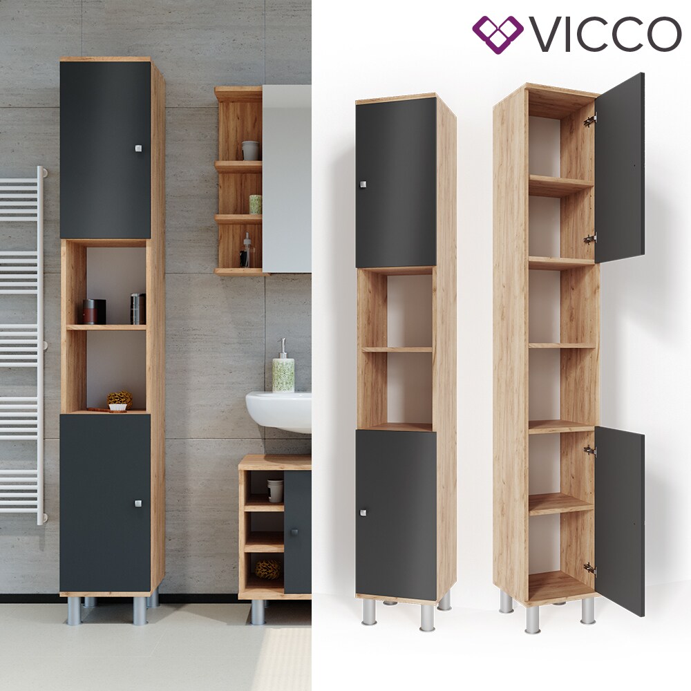 VICCO Badschrank FYNN 190 x 30 cm Eiche Anthrazit Badezimmerschrank Hochschrank