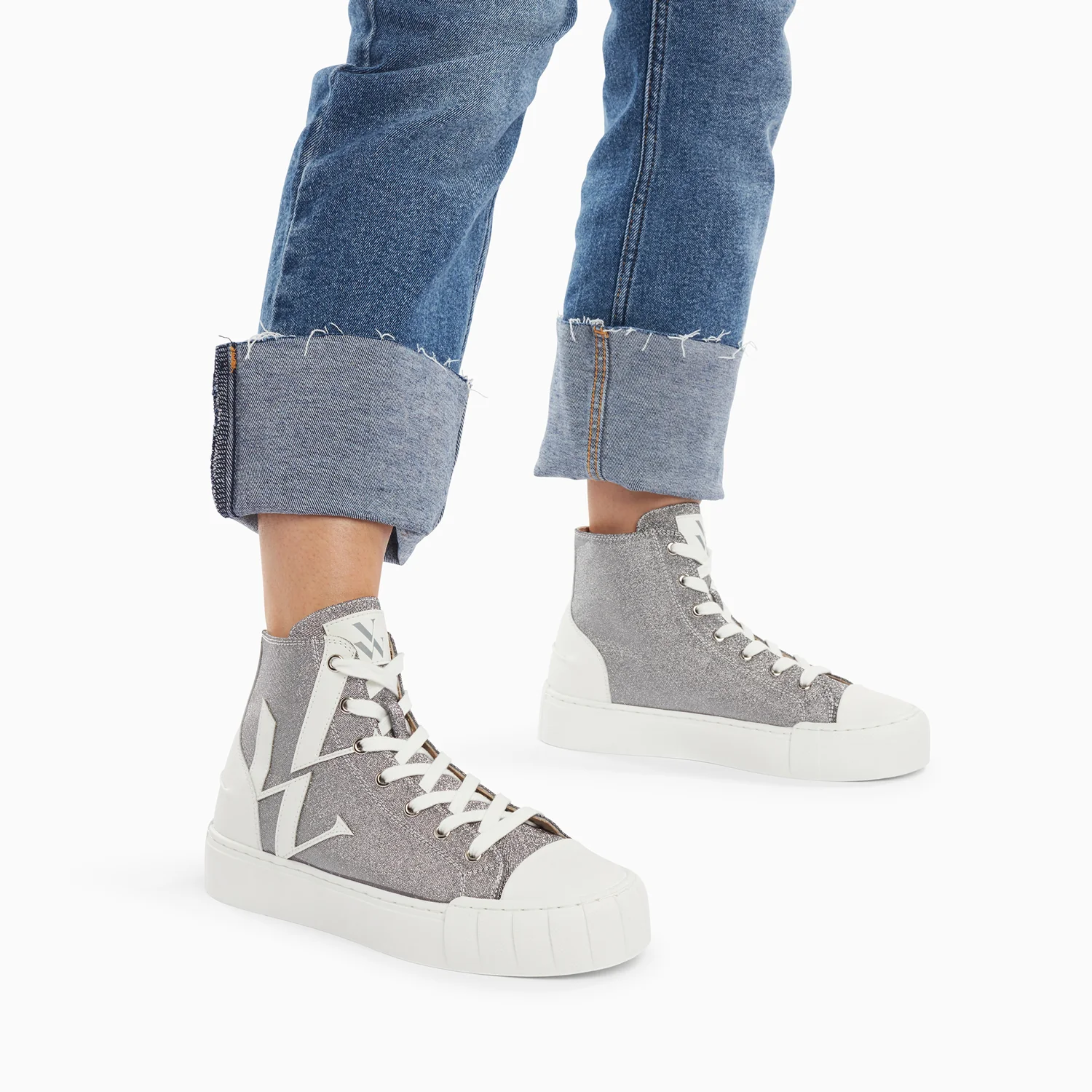 Sneakers-Baskets monogramme Valentina montantes argent à paillettes