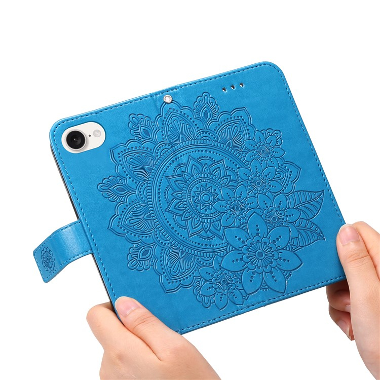 iPhone 16e Leder Tasche Wallet - Mandala Flowers Imprint - Blau