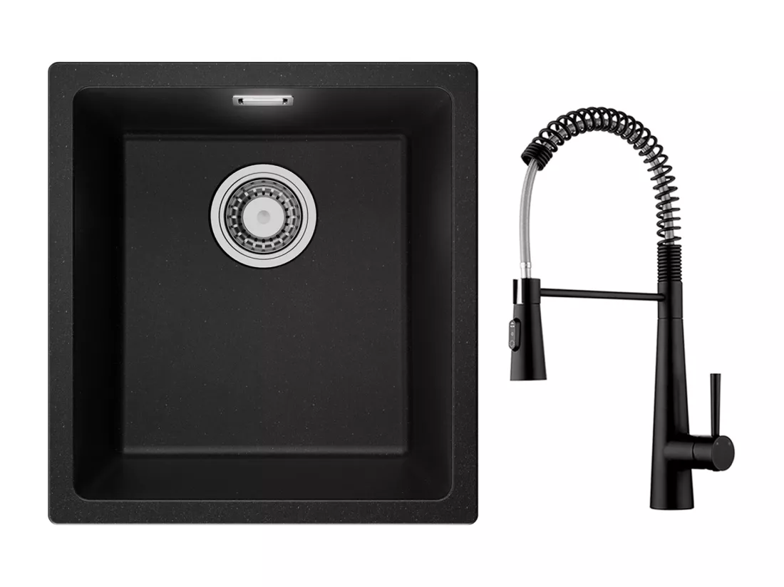 CECIPA MAX Evier 1 Bac en Quartz et Résine Noir Gris 40*44*20cm + Mitigeur de Cuisine à Ressort avec 3 Modes de Sortie D'eau, Noir