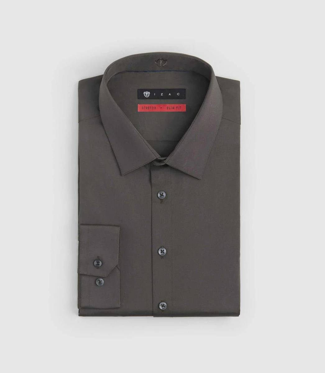 Chemise coton stretch slim kaki-foncé 
