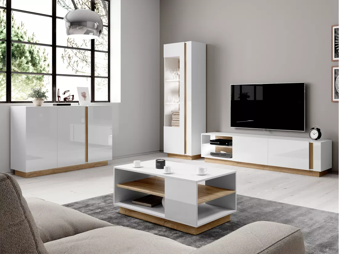 Meuble TV MURARI - 2 portes et 2 niches - Avec LEDs - Blanc brillant et chêne