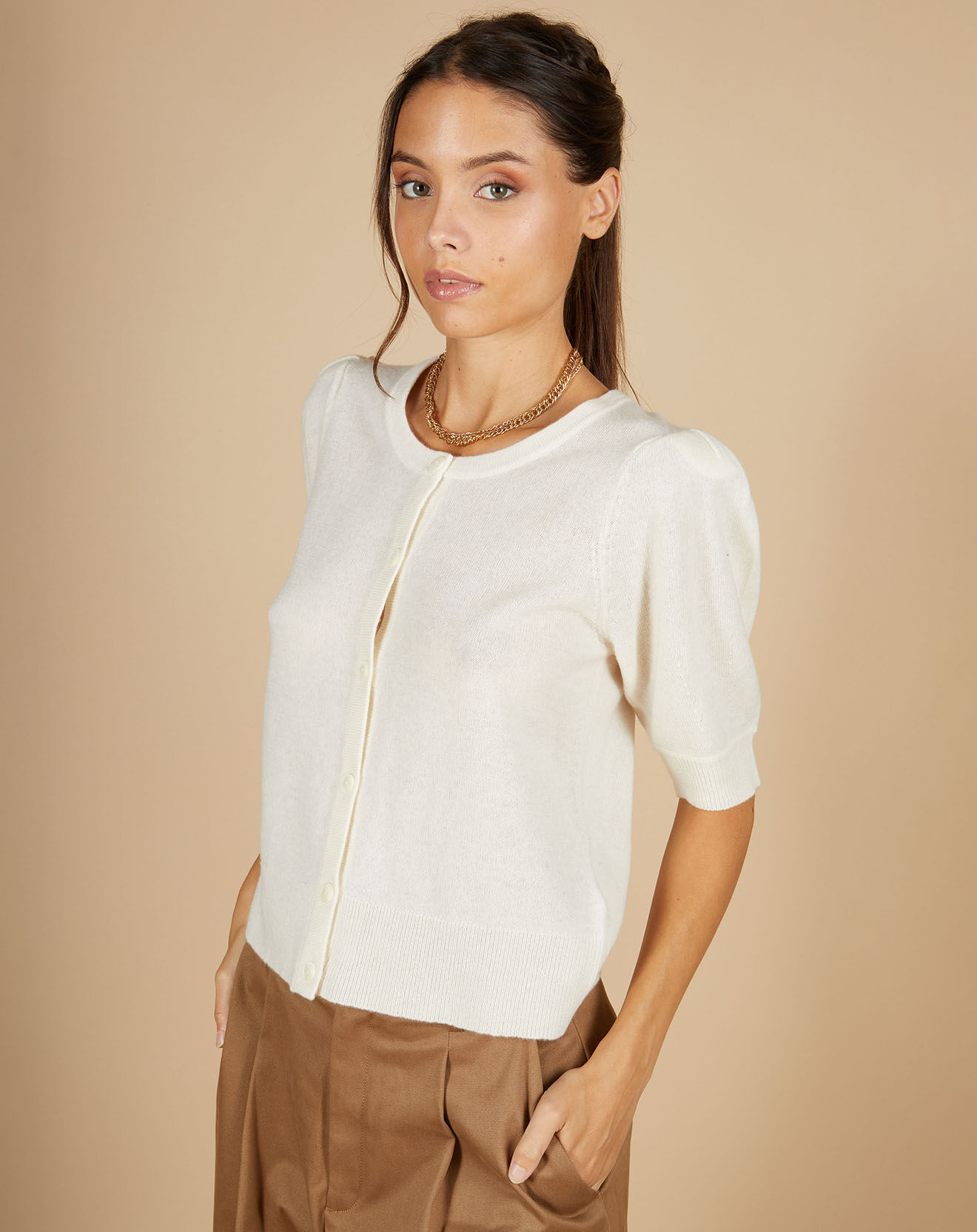 Cashmere Tribu Cardigan 100% Cachemire Claire manches ballon écru