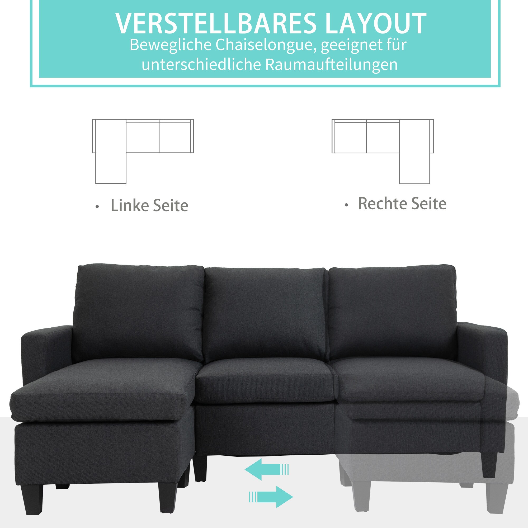 HOMCOM 3-Sitzer-Sofa mit zwei Liegesesseln und einer Chaiselounge 197 x 139 x 91 cm (BxTxH)