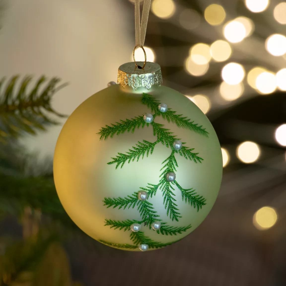 Lot de 3 boules de Noël en verre (D80 mm) Feuillage d'hiver Thé vert