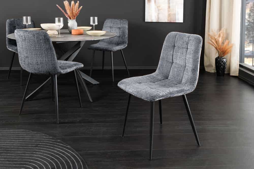 Moderner Design Stuhl TRES CHIC grau Chenille Cremona schwarze Metallbeine