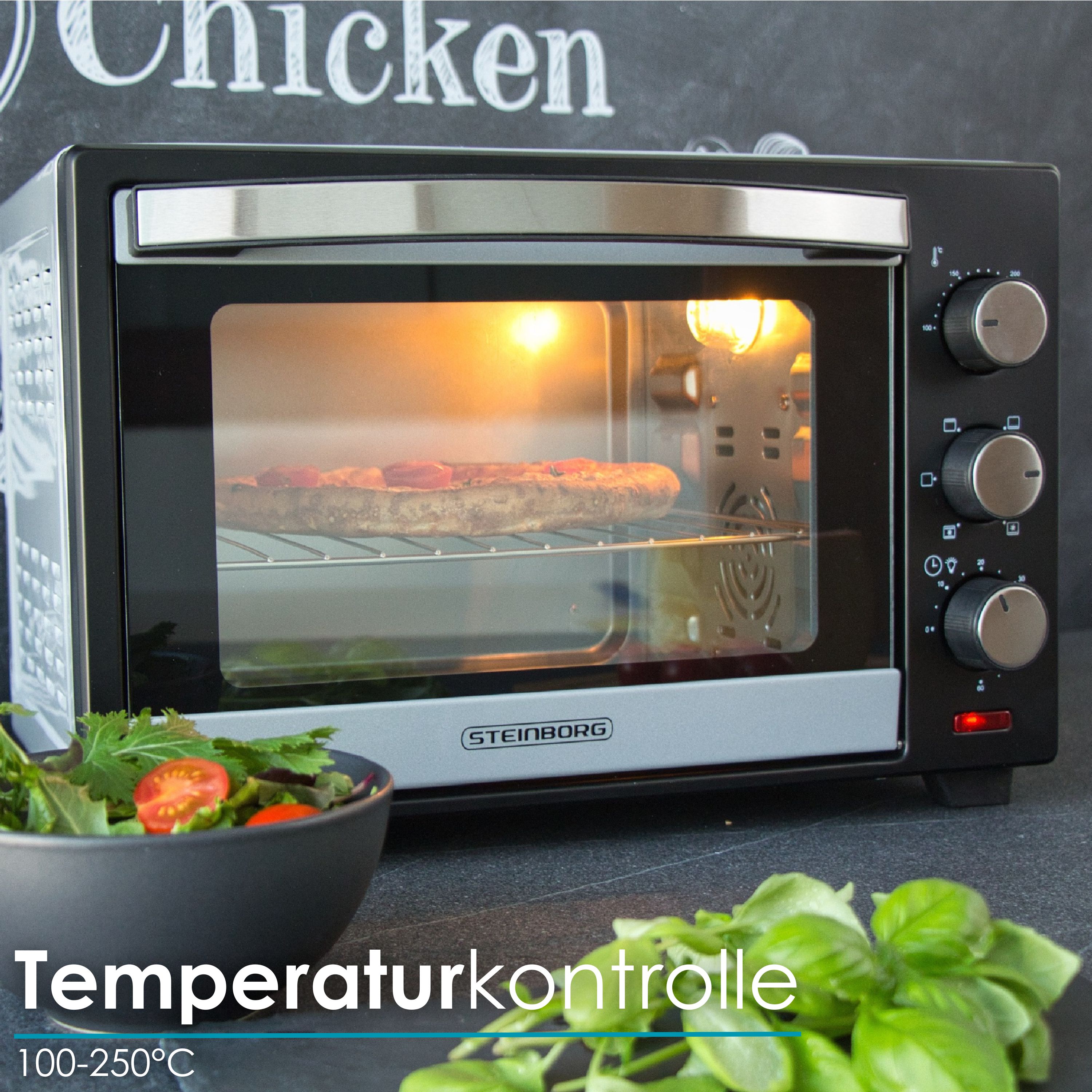 Steinborg Minibackofen Pizzaofen 25L mit Umluft 1600W silber