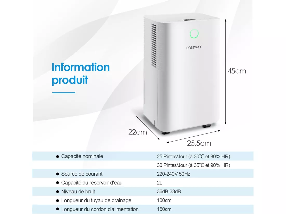 Déshumidificateur 14L/Jour Réservoir d'Eau 2L Minuterie 24H 3 Modes 2 Vitesses Dégivrage Automatique Pièces jusqu'à 15 m²
