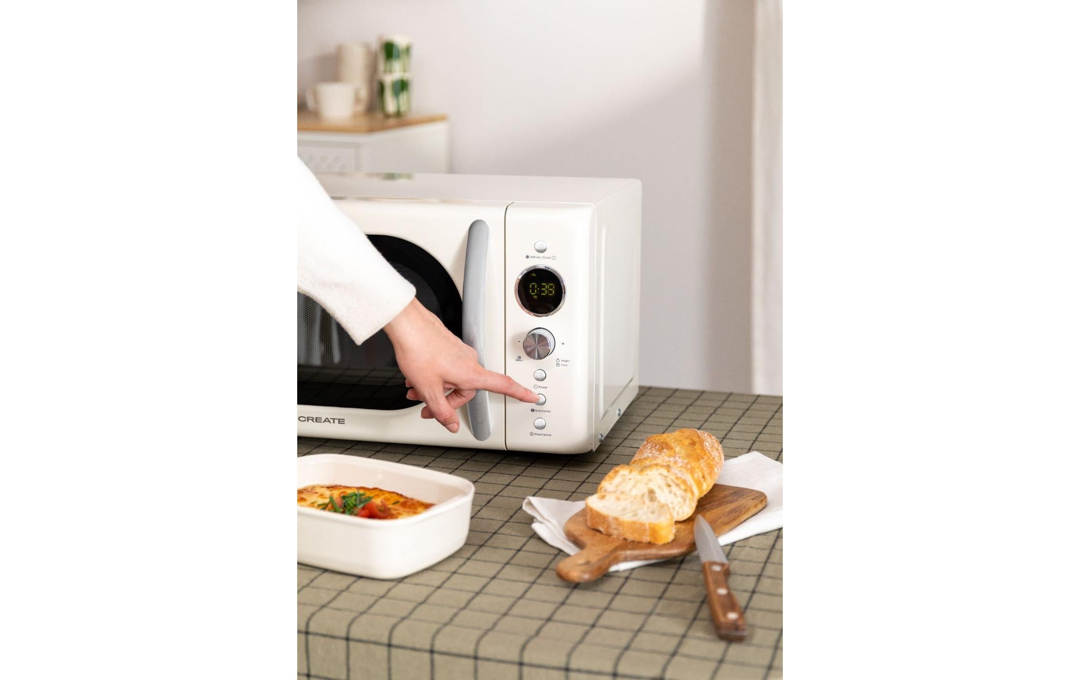 Mikrowelle Retro Wollweiss<br>Retro-Mikrowelle mit Grill, Defrost und Autocook-Funktionen